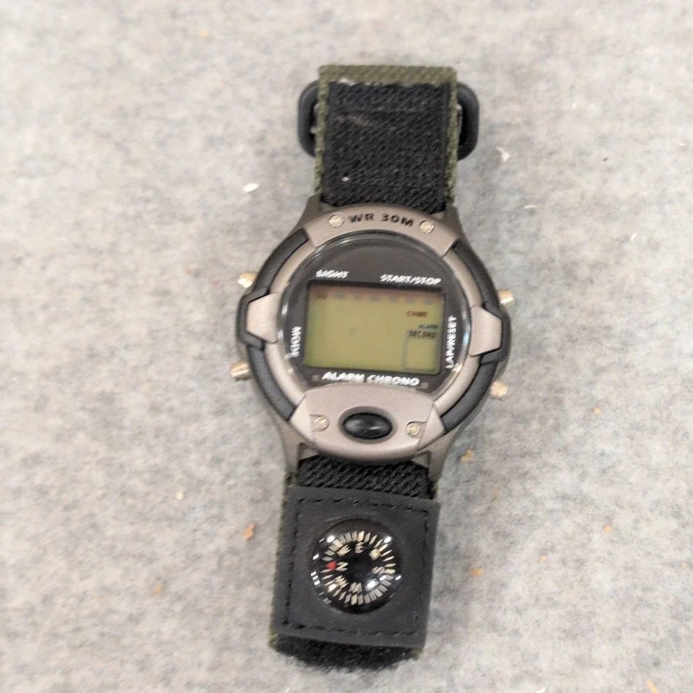 Digital Alarm Chronograph Watch with Compass Green Nylon Hook and Loop Strap